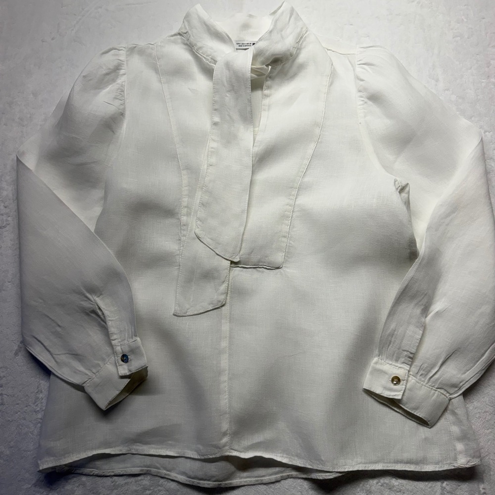 Zara Blouse Tie Neck Small White Women Romantic Linen Coastal Grandmacore Top